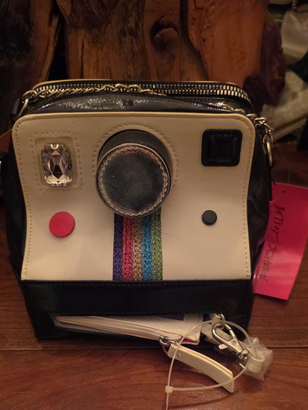 Betsey Johnson Black, White & Rainbow Camera Crossbody Bag